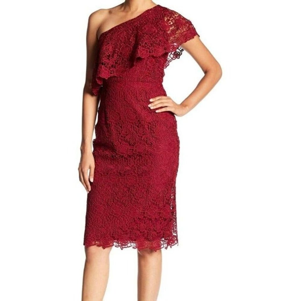 Nanette Lepore One Shoulder Lace Sheath W/Flounce Neckline Size 8